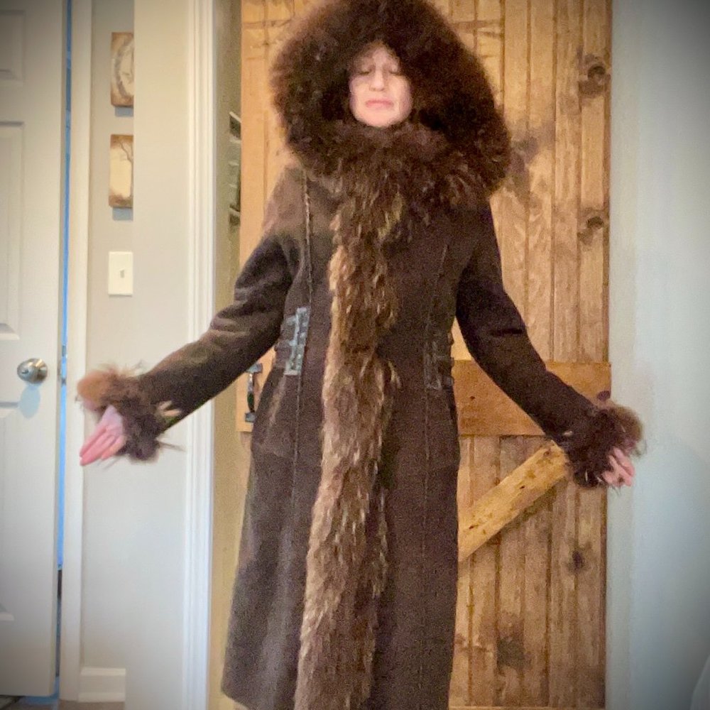 KOC Suede Full Length Coat lined with Sheerling and Embellished with Raccoon